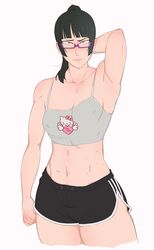 1girls 2020s 2021 abs armpits black_hair camisole dolphin_shorts glasses haruhssment hello_kitty hello_kitty_(character) hello_kitty_(series) jujutsu_kaisen kitty_white looking_at_viewer medium_breasts muscular_female ponytail sanrio shorts solo sportswear standing white_background zenin_maki