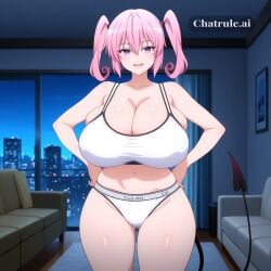 1girl 8k adult ai_assisted ai_generated anime_screencap ass black_clothing breast_expansion cinematic cityscape cleavage curly_hair demon_tail depth_of_field enormous_breasts eyes_half_closed fang hair_between_eyes hair_tie home in_heat indoors large_breasts living_room medium_hair nana_asta_deviluke night_time oversized_breasts pink_hair purple_eyes scenery seductive_eyes seductive_smile short_stack thick_thighs tiny_waist twintails uncensored wide_hips