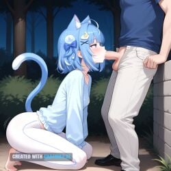 1girl ahoge ai_assisted ai_generated animal_ear_fluff big_butt blowjob blue_hair blue_shirt blush cat_ears cat_tail clothed clothing couple crescent_hair_ornament deep_throat fellatio female from_side girl girly green_eyes kneeling medium_hair night oral outdoors pom_pom_hair_ornament purple_eyes short_hair small_breasts spreading_legs squating streaked_hair sucking_penis white_hair white_leggings whore x_hair_ornament younger_female