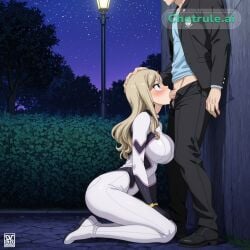1girl ai_assisted ai_generated big_butt blonde_hair blowjob blue_eyes blue_shirt blush bodysuit clothed clothing couple deep_throat earrings edens_zero fellatio female from_side girl girly gloves green_eyes hair_ornament jewelry kneeling large_breasts long_hair night oral outdoors rebecca_bluegarden short_hair small_breasts spreading_legs squating sucking_penis white_leggings whore younger_female