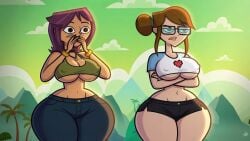 1girls 2026 ally_(disventure_camp) armpits arms_behind_back arms_up big_areola big_ass big_breasts breasts breasts_bigger_than_head dark-skinned_female dark_skin disventure_camp disventure_camp:_season_2 feet_out_of_frame feet_up female female_only filipino_female gamer_girl half-closed_eyes half-naked half_dressed half_nude hips_wider_than_shoulders long_hair mexican_female motellust nipples no_penetration no_sex odd_nation_cartoons pants purple_hair red_hair rosa_maria_(disventure_camp) sexy_armpits sexy_body sexy_pose sitting sitting_on_penis smile smiling smiling_at_viewer spanish_dialogue spanish_text tan_body tan_skin text thick_thighs