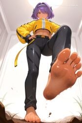 1girl ai_assisted ai_generated barefeet belt big_feet black_pants dark_skin dirty_feet from_below full_body hair_intakes hair_over_one_eye hands_on_hips long_sleeves long_toes looking_at_viewer navel presenting_foot purple_hair short_hair sole_focus standing standing_on_one_leg stinky_feet sweaty_feet twintails yellow_eyes yellow_jacket