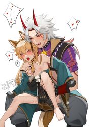 2boys aether_(genshin_impact) ahe_gao anal animal_ear_hairband animal_ear_headband animal_ear_headwear arataki_itto bigger_dom bigger_penetrating_smaller bite black_gloves black_nails blonde_hair body_markings clothed cum curled_toes duo eyes_rolling_back facial_markings fangs femboy gay genshin_impact grey_hair heart-shaped_pupils horns male male_only multiple_boys nipples off_shoulder open_mouth orange_eyes oxygen0220 red_horns red_markings sitting size_difference smaller_male spiked_bracelet spiked_collar squeezing_pec sweat trembling white_background white_hair yaoi