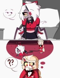 2girls angel_wings black_bowtie bowtie charlie_morningstar_(hazbin_hotel) confused female female_only grey_body hazbin_hotel hellaverse leash leash_in_mouth long_hair question_mark red_clothing red_eyes tagme the_titan_draw vaggi_(hazbin_hotel) vaggie_(hazbin_hotel) white_body white_hair wings