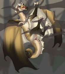 amiel_(artist) animal_genitalia claws cloaca dragon european_mythology fangs female female_feral feral frill_(anatomy) genitals hi_res horn markings mythological_creature mythological_scalie mythology paws pupils red_pupils scales scalie snout solo tail teeth western_dragon wings wyvern yellow_body yellow_scales