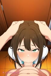1girl ai_assisted ai_generated anime_screencap back_against_wall balls_deep brown_hair deep deepthroat dominated face_fuck facing_viewer green_eyes hair_between_eyes hands_tied_above_head high_quality highres long_hair petite_body pov ripped_clothes sitting_on_knees skinny small_breasts small_tits tiny_tits young