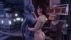 2girls 3d alien_girl arms_behind_back asari athletic_female bioware bondage commander_shepard female female_only female_protagonist femshep handcuffed handcuffs human human_dominating liara_t'soni lingerie mass_effect nipples potatofire777 yuri