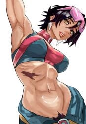 abdomen abs arm_up armpits arms_up asian_female athletic athletic_female black_hair blue_clothing breasts clothed clothing clothing_malfunction costume curvy_body curvy_female curvy_figure curvy_hips earrings eyewear_on_head fangs female female_clothed female_focus female_only female_pubic_hair gloves jewelry jubilee jubilee_(marvel_rivals) light-skinned_female light_skin lips lipstick looking_at_viewer marvel marvel_comics marvel_rivals monster_girl muscular_abs mutant_(marvel) navel one_arm_up opaque_glasses pink-tinted_eyewear pink_clothing pubic_hair red_lipstick scar scar_on_abdomen scar_on_stomach shirt short_hair simple_background smile solo sunglasses superheroine superheroine_costume tinted_eyewear tomboy two-tone_clothing uniform vampire vampire_fangs vampire_girl white_background white_earrings wide_hips x-men yellow_eyes