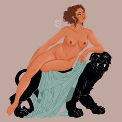 ariadne_(greek_mythology) artistfuly breasts breasts_out brunette brunette_hair greek_mythology hair_bun natural_breasts nude nude_female nudity panther shaved_pussy sitting