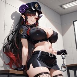 1girls ai_generated amber_eyes big_breasts blush breasts cerise_goetis_(vtuber) cleavage gloves handcuffs hispanic_virtual_youtuber horns latam_virtual_youtuber long_hair looking_at_viewer miniskirt nipple_bulge pointy_ears police_hat police_uniform purple_horn red_hair smile smiling_at_viewer solo_female thick_thighs virtual_youtuber vtuber