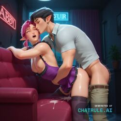 1boy 1girl1boy 8k ahegao_face ai_assisted ai_generated backless_dress black_trim body_freckles breasts_out choker chromatic_aberration creampie cute_girl detailed_body doggy_style doggy_style_sex earrings freckles game_cg game_screenshot high_quality highres kissing large_breasts large_cock link lots_of_cum male_focus man moaning night_time one_eye_closed pointy_ears purple_dress purple_panties scenery shiny_skin short_dress side_view swept_bangs toned unhappy zettai_ryouiki