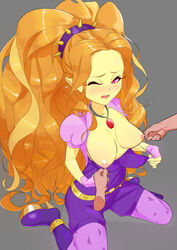 1boy 1girls adagio_dazzle areolae breasts breasts_out dekasuji disembodied_hands equestria_girls erect_nipples female flashing flashing_breasts friendship_is_magic hasbro high_heels leggings my_little_pony nipple_pinch nipple_play nipple_tweak nipples open_mouth pulled_down_top siren_gem straight tagme wariza