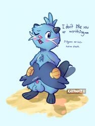 3:4 anthro becoming_erect blue_body blue_border blue_fur blush border dewott dishonesty embarrassed english_text fur generation_5_pokemon hi_res kaypawz male nintendo pokemon pokemon_(species) secretly_loves_it solo standing tail tail_motion tailwag text tsundere whiskers