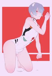 1boy bulge clothing genderswap genderswap_(ftm) grey_hair haruhssment kneeling leotard male_only neon_genesis_evangelion penis_bulge red_eyes rei_ayanami rule_63 simple_background solo solo_male wet