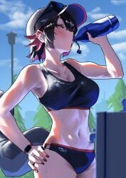 black_hair blush breasts cleavage curvaceous curvy curvy_figure drink drinking ellen_joe female female_focus female_only hat nail_polish shark shark_girl shark_tail slim_waist sportswear stomach sunglasses sunglasses_on_head sweat sweatdrop sweating sweaty tail voluptuous voluptuous_female watch zenless_zone_zero