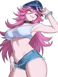1girls armpits big_breasts blue_eyes bracelet breasts choker female female_focus female_only final_fight hat long_hair looking_at_viewer looking_down nail_polish pink_hair pink_nails poison_(final_fight) short_shorts shorts tank_top zeon_j