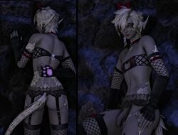 3d arianna_yukihime au_ra femboy final_fantasy_xiv garter_straps gpose_(ffxiv) looking_at_viewer night presenting solo