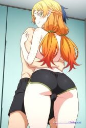 1boy 1girl ai_assisted ai_generated anime_screencap blonde_hair colored_eyelashes curvy_body femboy forehead_jewel french_braid green_eyes hug hugging_from_behind looking_back low_twintails multicolored_hair narrow_waist nervous_expression nervous_smile orange_hair parted_bangs penis_bulge pointy_ears standing tight_shorts topless view_from_below wide_hips