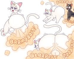 2021 absurd_res artemis_(sailor_moon) balls big_butt black_body black_fur blue_eyes blush butt domestic_cat drawful-s duo fart fart_cloud fart_fetish farting_on_another felid feline felis female feral fur genitals half-closed_eyes hi_res huge_butt looking_back luna_(sailor_moon) male mammal mouth_closed narrowed_eyes one_eye_closed open_mouth pawpads red_eyes sailor_moon_(series) simple_background smile stretching tail thick_thighs whiskers white_background white_body white_fur