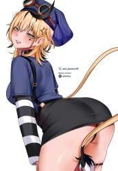 1girl 1girls ass black_collar black_panties black_skirt black_streaks blonde_hair blue_hat blue_shirt collar commentary dooby english_commentary facial_mark female from_behind goggles goggles_on_headwear green_eyes grin hat highres indie_virtual_youtuber layered_sleeves long_sleeves looking_at_viewer looking_back mark_under_eye miniskirt mouse_girl mouse_tail multicolored_hair oioi_ainomo paid_reward_available panties pencil_skirt shirt shirt_tucked_in short_hair short_over_long_sleeves short_sleeves simple_background skirt smile solo streaked_hair striped_sleeves suspender_skirt suspenders tail thighs thong thong_panties underwear virtual_youtuber vtuber white_background