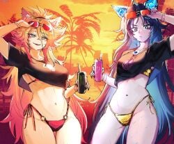 2girls absurdres ahoge animal_ears bandaid bandaid_on_face bandaid_on_nose bikini black_hole black_shirt blonde_hair blue_eyes blue_hair bracelet breasts can cat_ears cat_girl closed_mouth colored_inner_hair colored_skin commentary cosplay cropped_shirt curvy english_commentary eyewear_on_head female freckles fufu_(vtuber) gold_bikini grey_skin gta_vi_cover_girl highleg highleg_bikini highres holding holding_can indie_virtual_youtuber jewelry large_breasts legs long_hair looking_at_viewer multicolored_hair multiple_girls navel obkatiekat open_mouth palm_tree pink_hair ponytail red-tinted_eyewear red_bikini shirt smile star-shaped_pupils star_(symbol) sunglasses sunset swimsuit symbol-shaped_pupils thighs tinted_eyewear tree very_long_hair virtual_youtuber vtuber wide_hips