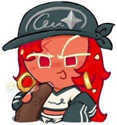 1boy 1girls anonymous_male blush chili_pepper_cookie clothed_female_nude_male cookie_run cookie_run_ovensmash dark-skinned_male handjob motion_blur motion_lines official_alternate_costume red_body sex straight tagme_(artist) unseen_male