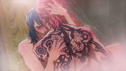 2girls arcane arcane_caitlyn arcane_vi back blood blue_hair blush caitlyn_kiramman canon_couple closed_eyes female female_only jessie_lam league_of_legends multiple_girls nude pink_hair scratches shower tattoo vi yuri