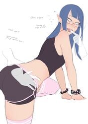 1girls 2020s 2021 ass blue_hair disembodied_hands dolphin_shorts flat_chest haruhssment leaning_forward long_hair open_mouth pointy_ears shorts thighhighs tomboy white_background