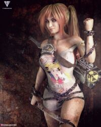 3d chains cyber_(artist) female female_only fishnet_legwear fishnets knife large_breasts lip_piercing looking_at_viewer orange_hair pinup ponytail post-apocalyptic ripped_clothing slushe_(website) solo solo_female spiked_bracelet t-shirt tagme torn_clothing