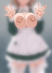 1girl 1girls absurdres against_glass apron areola_slip big_breasts breasts breasts_out brown_hair dress female green_dress highres indie_virtual_youtuber large_breasts nimi_nightmare nipples oioi_ainomo pasties short_hair standing thighhighs thighs tits virtual_youtuber vtuber white_apron white_thighhighs