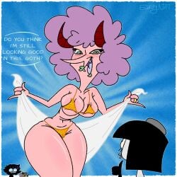 4girls artist_name bikini black_hair breasts bursting_breasts cameltoe eddy_nat ellie_(eddy_nat) english_text fangs gith_(eddy_nat) goth goth_(eddy_nat) green_lipstick horns large_breasts lipstick milf mother_and_daughter navel open_mouth original original_character purple_hair short_hair smile speech_bubble standing thick_thighs thighs thumbs_up towel undersized_clothes