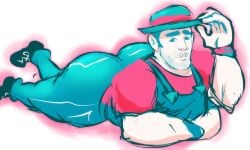 1boy ass big_ass big_ass_(male) big_butt big_butt_(male) hat just_dance lying male male_only nizbagelshop no_visible_genitalia overalls shaved_beard solo solo_male suggestive suggestive_pose tagme
