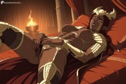 1girl abs ai_generated armor bed bikini_armor bra braid breastless_clothes breasts breasts_apart brown_hair cape clitoris clothing_aside crotchless crotchless_panties dark-skinned_female dark_elf dark_nipples dark_skin digitalwaifugallery elf facial_mark facial_tattoo female_masturbation female_pubic_hair fire garter_belt hi_res high_quality high_resolution indoors janai_(the_dragon_prince) large_breasts long_hair lying masturbation muscular muscular_female nipples on_back on_bed panties patreon patreon_username pillow pointy_ears pubic_hair pussy seductive sexy shoulder_armor solo spread_legs spread_pussy the_dragon_prince thighhighs toned uncensored underwear watermark
