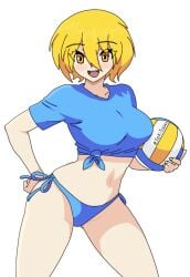 1girl 1girls artist_name big_ass big_breasts bikini_bottom blonde blonde-haired_female blonde_hair blush collarbone don_quixote_(limbus_company) happy laced_underwear light-skinned_female light_skin limbus_company looking_at_viewer shadow skinny skinny_female t-shirt volleyball white_background white_skin yellow_eyes yellow_hair