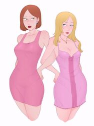 2girls american_dad blonde_hair cleavage clothed curvy family_guy francine_smith haruhssment lips lois_griffin medium_breasts milf pink_dress standing white_background