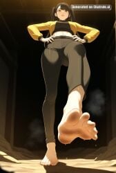 1girl ai_assisted ai_generated barefeet belt big_feet black_hair black_pants brown_eyes brown_hair dark_skin dirty_feet eyelashes from_below full_body hands_on_hips long_hair long_sleeves long_toes looking_at_viewer navel pink_lips presenting_foot sole_focus standing standing_on_one_leg stinky_feet sweaty_feet twintails yellow_jacket yuna