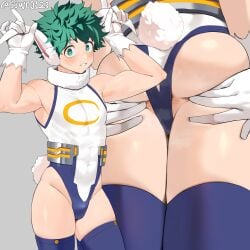 1boy ass ass_focus ass_grab ass_spread ass_visible_through_clothes asshole bunny_ears bunny_suit butt butt_crack butt_focus deku femboy femboy_only green_hair izuku_midoriya light-skinned_male miruko_(cosplay) my_hero_academia one-piece_swimsuit shaved smooth_skin solo solo_male