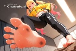 1girl ai_assisted ai_generated barefeet belt big_feet black_hair_ribbon black_pants blonde_hair dark_skin dirty_feet from_below full_body gradient_hair hands_on_hips long_hair long_sleeves long_toes looking_at_viewer navel pink_hair presenting_foot red_eyes sole_focus standing standing_on_one_leg stinky_feet sweaty_feet twintails yellow_jacket