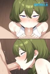 1girl 1girl1boy ai_assisted ai_generated arousal blowjob close_up cock deepthroat erect eyes_rolled_back fellatio green_hair intimate licking lustful moaning oral_sex penis pleasure purple_eyes quivering saliva slobber suction tongue worship