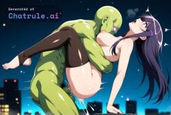 1girl ai_assisted ai_generated anal_sex anime_style attack barefoot barely_clothed blurry_background city double_penetration fighting_stance foot_fetish from_side full_body_view glowing hair_ornament hairclip light_particles long_hair naked_pussy perfect_anatomy perky_breasts purple_eyes rough_sex science_fiction sex_from_behind shiny_skin toeless_legwear uncensored vaginal_sex