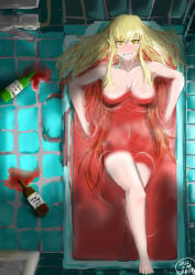 1girls artist_name bathtub big_breasts breasts cleavage collarbone completely_nude completely_nude_female crossed_legs dated eyebrows eyebrows_visible_through_hair eyelashes female female_focus female_only from_above huge_breasts iknsk kiss-shot_acerola-orion_heart-under-blade large_breasts light-skinned_female light_skin monogatari_(series) nude nude_female oerba_yun_fang pointy_ears solo solo_female solo_focus watermark yellow_eyes