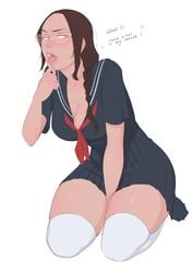 1girls brown_hair cleavage curvy female glasses haruhssment kneeling legwear long_hair medium_breasts saliva school_uniform schoolgirl skirt solo thick_thighs thighhighs thighs tongue_out white_background