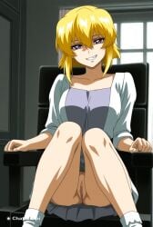 1girl ai_assisted ai_generated anime_coloring beautiful blonde_hair day dress general grayscale grin hair_between_eyes high_contrast highres indoors looking_at_viewer no_nose perfect_anatomy purple_eyes pussy retro_artstyle sharp_teeth short_hair sitting_on_chair slit_pupils smug socks stellar_loussier upskirt_view