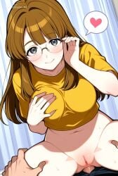 1_girl 1girl adjusting_eyewear ai_assisted ai_generated anal anal_sex angle breasts brown_hair clothed clothes dick female_focus from_bottom_to_top grey_eyes heart long_hair medium_breasts nikaido no_panties no_underwear pussy rimless_eyewear smile top