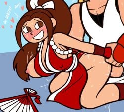 1boy 1girls 2026 andy_bogard areolae ass bare_shoulders big_breasts blonde_hair blush breasts brown_eyes brown_hair duo faceless_male fatal_fury female from_behind hand_fan heart human king_of_fighters kneeling krusha64612042 light-skinned_female light-skinned_male light_skin long_hair mai_shiranui male nipple_bulge nipples ponytail sex sex_from_behind smile snk straight sweat text thighs