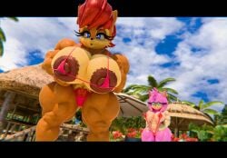 2girls 3d abs amy_rose diag34k hyper_breasts muscular_female pubic_hair sally_acorn sling_bikini sonic_(series)