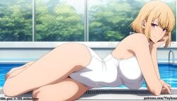 1girl 1girls absurd_res ai_assisted ai_generated anime ass ass_focus blonde_hair boobs breasts bubble_butt butt butt_focus cha_hae-in clothed curvaceous curvy curvy_figure female female_focus female_only from_side glistening_skin high_resolution highres hourglass_figure huge_ass huge_breasts huge_butt light-skinned_female looking_at_viewer looking_back one-piece_swimsuit patreon patreon_logo patreon_username poolside purple_eyes short_hair smile solo solo_female solo_focus solo_leveling swimming_pool swimsuit thick_thighs thighs voluptuous white_swimsuit wide_hips