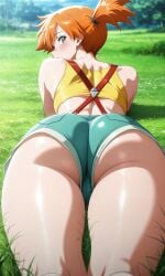 1girl ai_generated aqua_eyes ass ass_focus back bare_arms bare_shoulders blue_eyes blue_sky blurry_background blush breasts clothing cloud crop_top crossed_arms day denim denim_shorts feet_out_of_frame female from_behind grass green_shorts hair_tie huge_ass kasumi_(pokemon) kneepits large_ass looking_at_viewer looking_back lying misty_(pokemon) mountain mountainous_horizon on_grass on_stomach orange_hair outdoors pokemon ponytail shiny_skin shirt short_hair short_shorts shorts side_ponytail sky sleeveless sleeveless_shirt solo suspender_shorts suspenders tank_top thick_ass thighs tree yellow_shirt yellow_tank_top