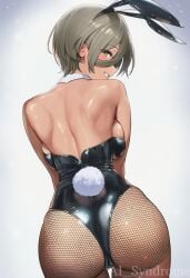 ai_generated ass_focus big_ass bunny_ears bunny_girl bunnysuit dark-skinned_female fishnets girls_band_cry green_eyes green_hair hourglass_figure indian indian_female narrow_waist rupa_(girls_band_cry) short_hair