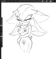 1girls areolae art_program_in_frame bangs blush chest_tuft ear_blush ears_down eulipotyphlan genderswap_(mtf) kyojikung1 monochrome nipples nude nude_female pussy rule_63 shade_the_hedgehog shadow_the_hedgehog shiny_breasts solo sonic_(series) sonic_the_hedgehog_(series)